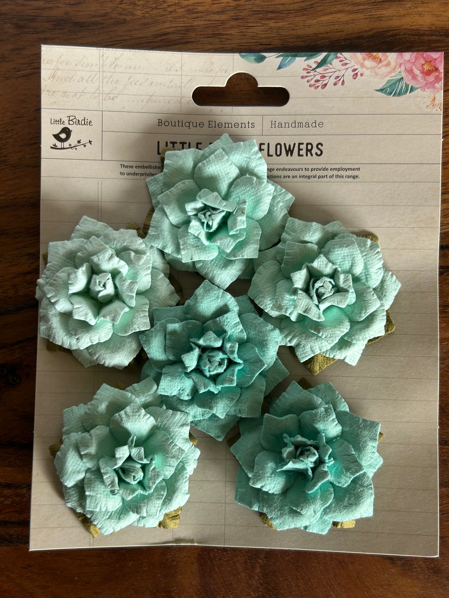little birdie flowers, pack of six, celeste / sea green in colour approx 45mm