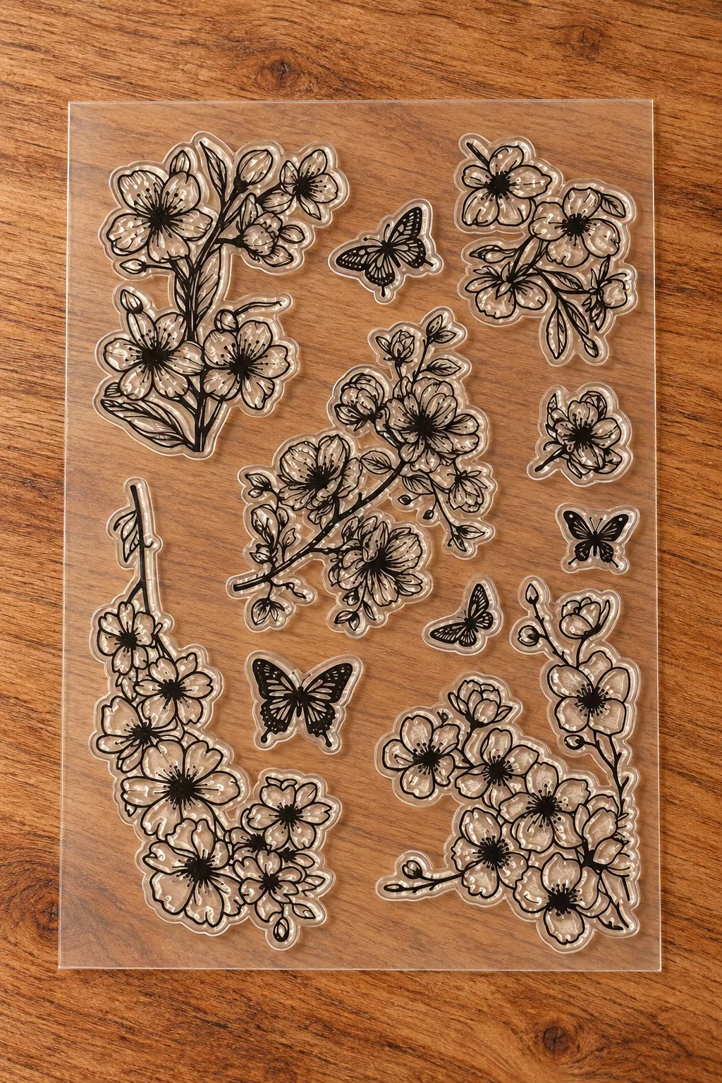 A sheet of clear acrylic or rubber stamp designs featuring floral branches, cherry blossoms and butterflies