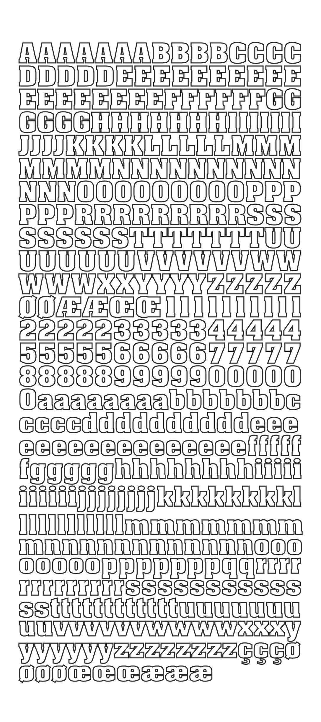 Alphabet upper/lower case & numbers, gold