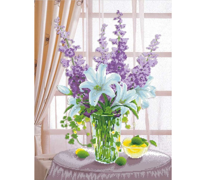 Needleart world, no count cross stitch. Design size 48cm x 63cm, $34.95. Complete Kit includes: Precise print colour printed Aida cloth, Pre-sorted threads, Embroidery needle, Colour printed chart including complete stitching instructions