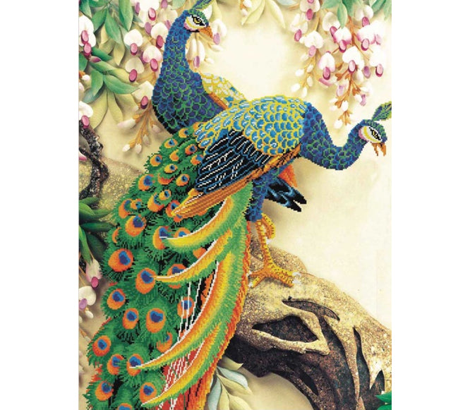 No count cross stitch, Peacock Majesty. Needleart World $59.95. Design size 64cm x 105cm.Complete Kit includes: Precise print colour printed Aida cloth, Pre-sorted threads, Embroidery needle, Colour printed chart including complete stitching instructions