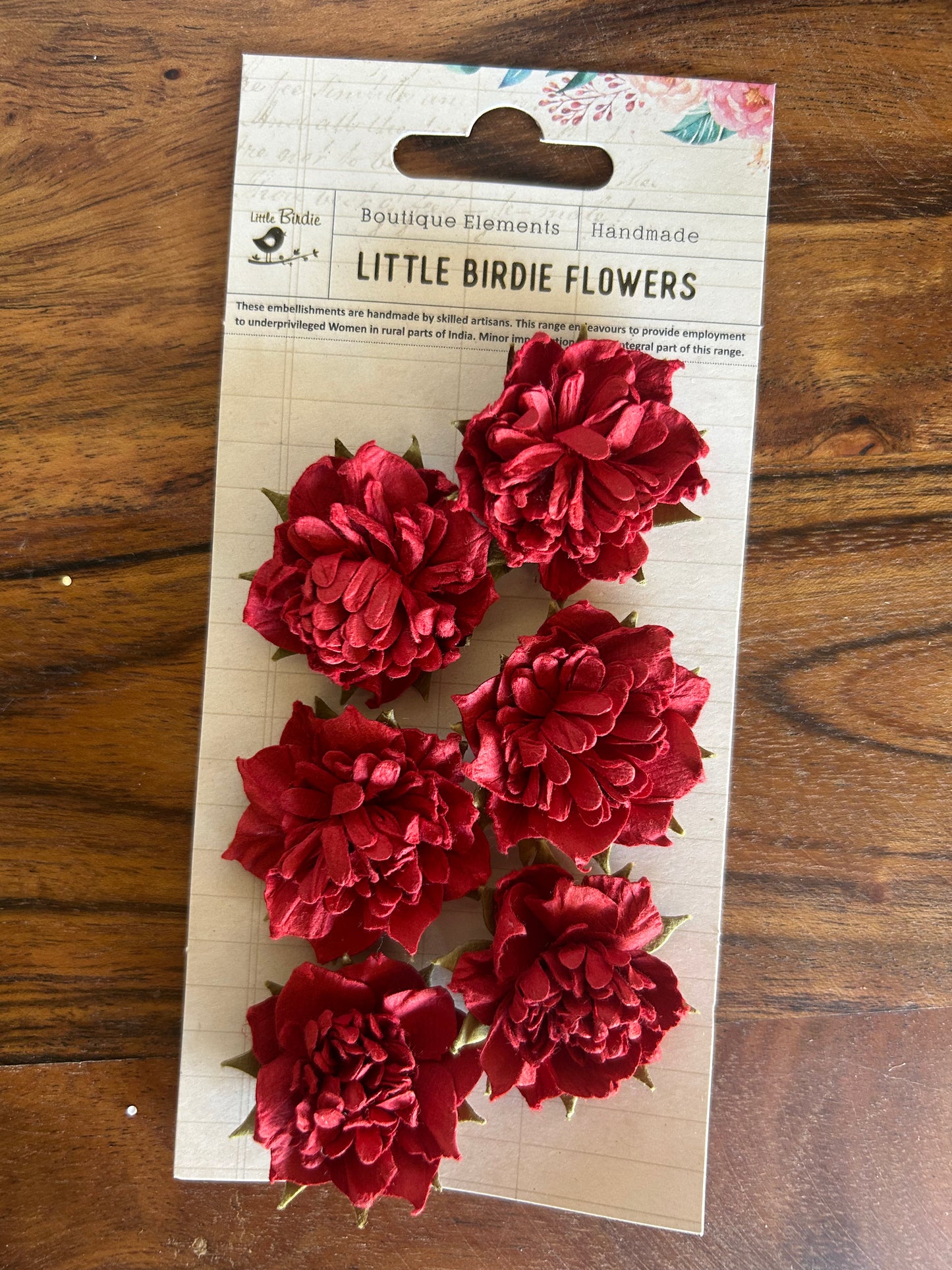 little birdie paper flowers, pack of 6, approx 30mm,cherry red