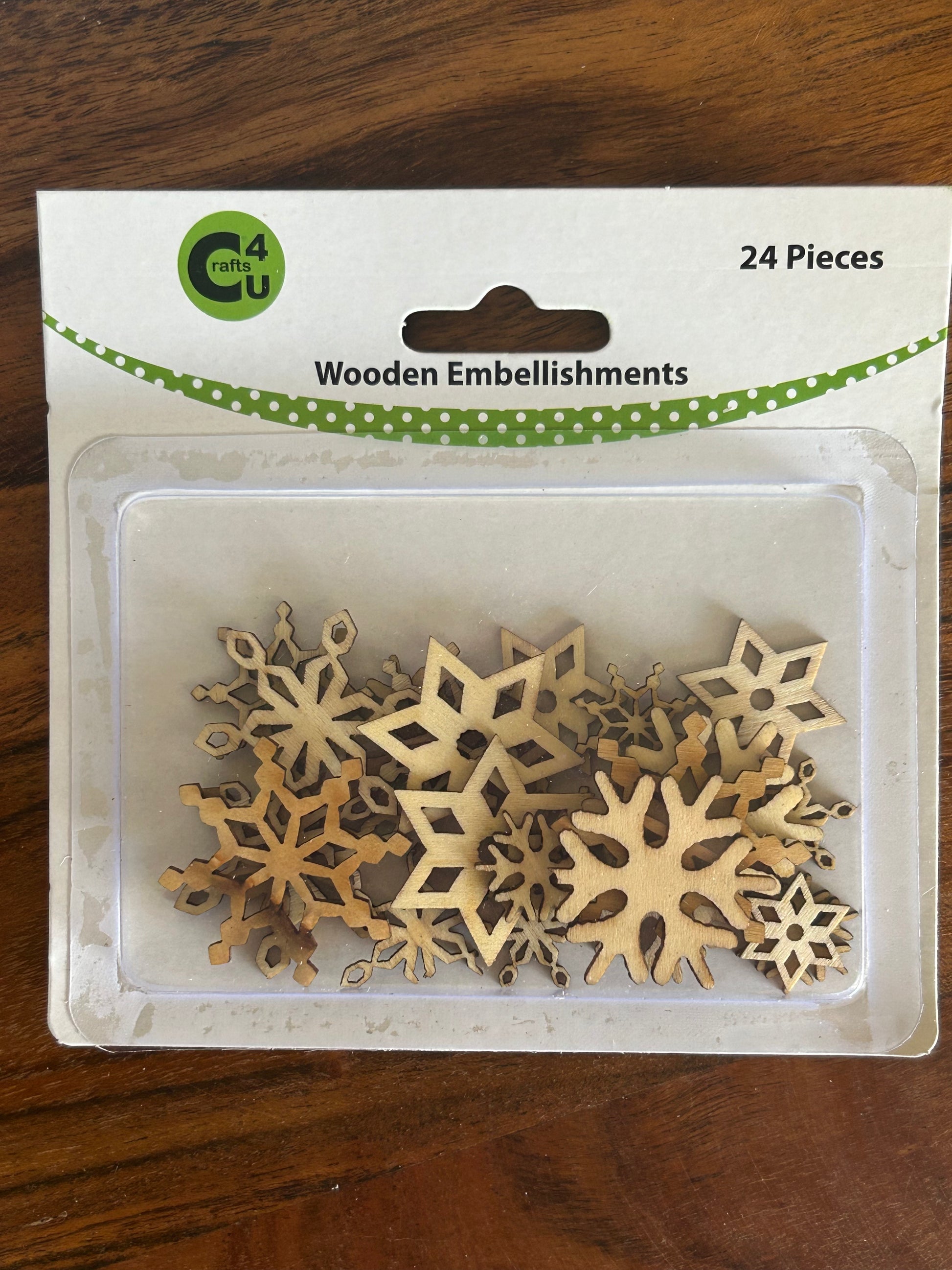 wooden embellishment, snowflakes, 24 pieces