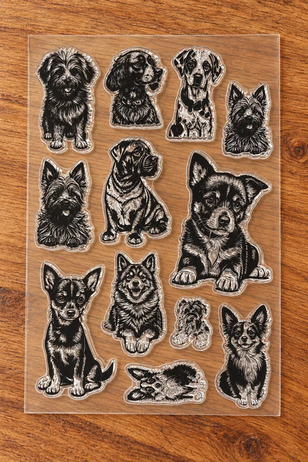 A sheet of clear plastic with multiple dog  breeds including terriers, papillion, husky, dalmation and other breeds.