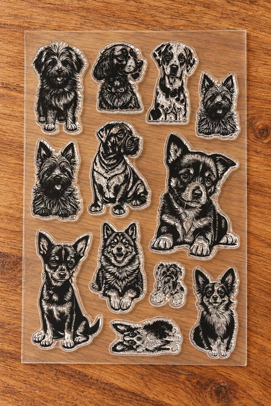 A sheet of clear plastic with multiple dog  breeds including terriers, papillion, husky, dalmation and other breeds.