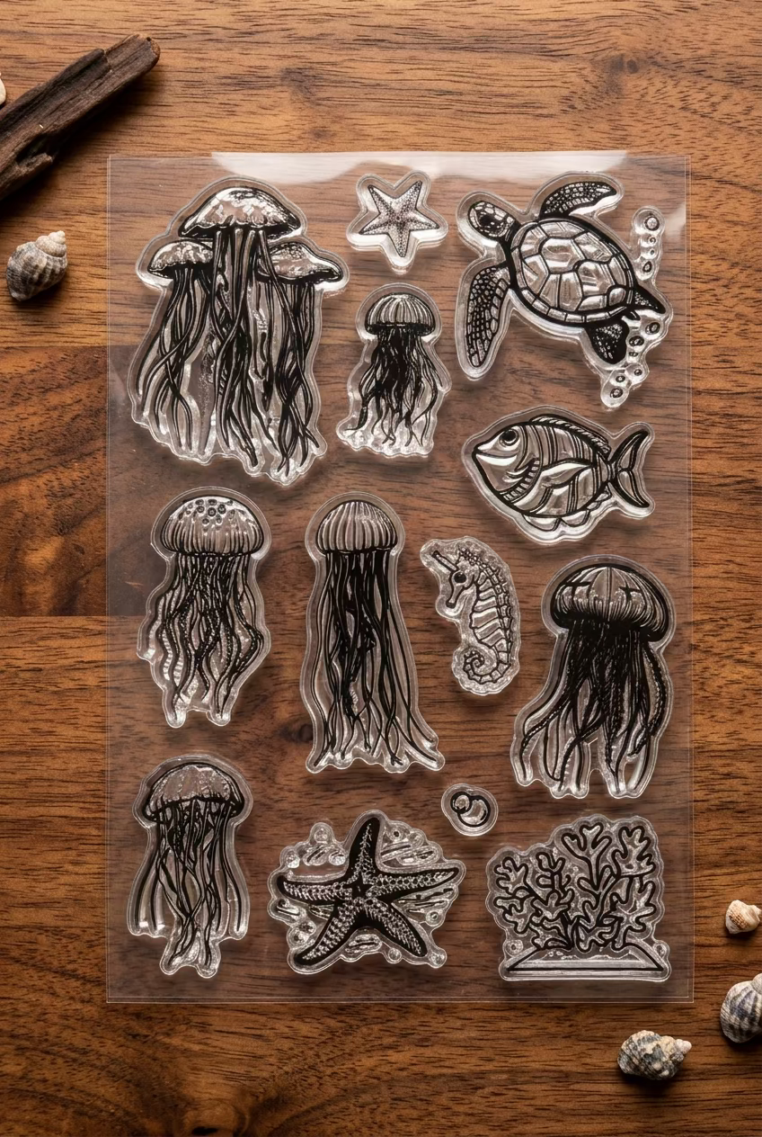 marine stamp set featuring jellyfish with a turtle and starfish