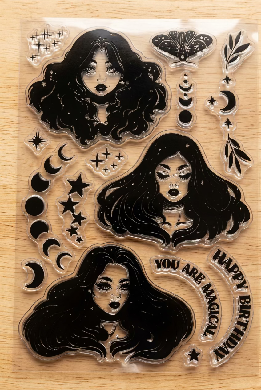 Clear stamps featuring gothic illustrations, including three black-haired women, crescent moons, stars, and the text 'YOU ARE MAGICAL' and 'HAPPY BIRTHDAY', 