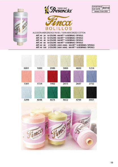 Color chart for Finca yarn with various color swatches and packaging on a white background.