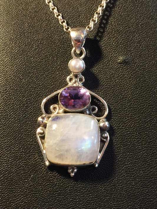 moonstone, amethyst and pearl silver pendant $154