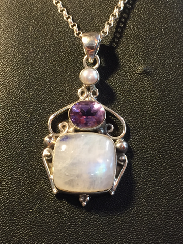 moonstone, amethyst and pearl silver pendant $154