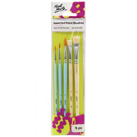 5pce assorted paint brushes, flat hog size 8 and 12, taklon round in 2, 4, 8