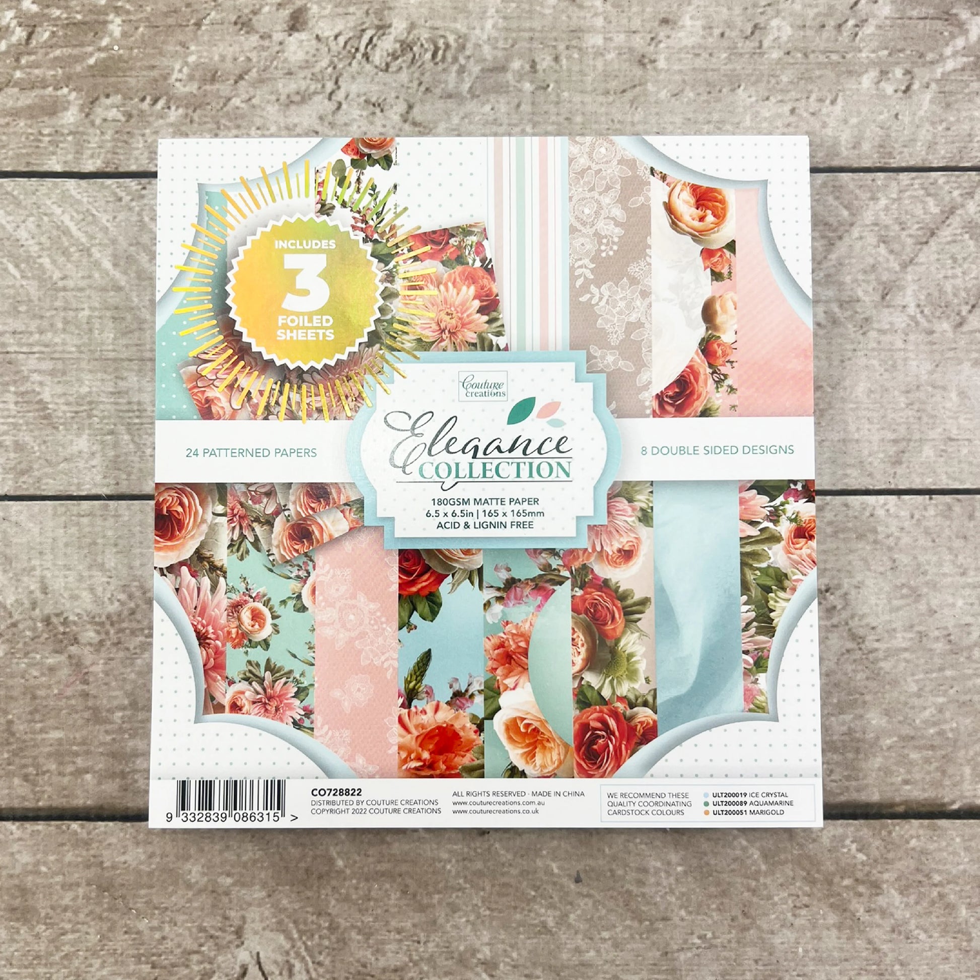 elegance collection , coture creations, 6.5 x 6.5 paper pad, foiled paper included