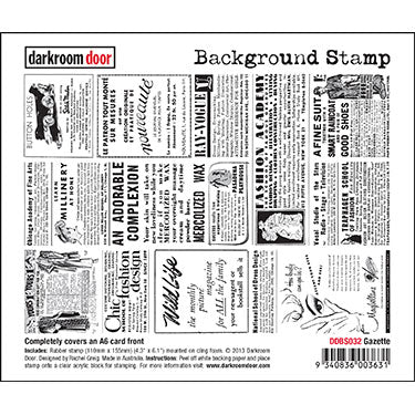 background stamp, 110 x 155mm, covers an a6 card front by darkroom door, gazette background stamp