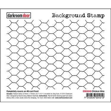 background stamp by darkroom door, chicken wire, cover an a6 card front, 110 x 155mm