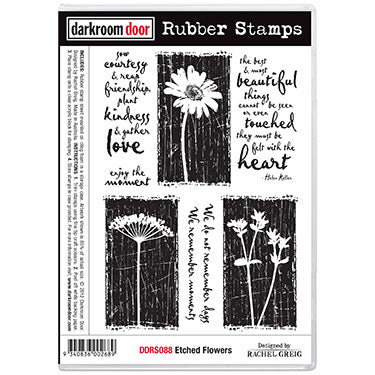 stamp set, etched flowers by darkroom door, 175 x 115mm