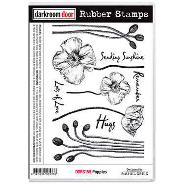 stamp set, poppies by darkroom door, flowers, words, 175 x 115mm