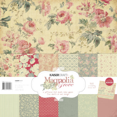 kaisercraft paper pack, 12 x 12 magnolia grove, 12 double sided papers and a sticker sheet