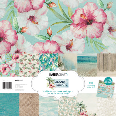 kaisercraft island escape paper pack, 12 double sided papers in 6 designs plus sticker sheet