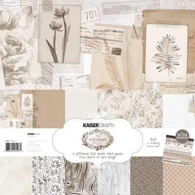 kaisercraft paper pack, whisper, 12 x 12 , 12 double sided papers and a sticker sheet