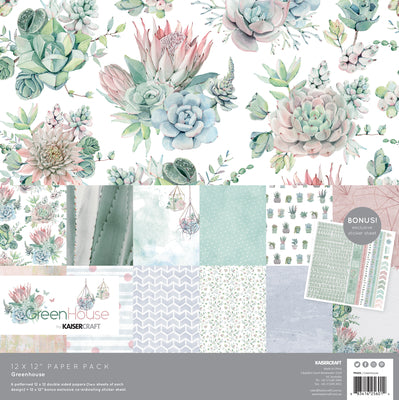 kaisercraft 12x12 paper pack, green house, 12 papers in 6 designs plus sticker sheet