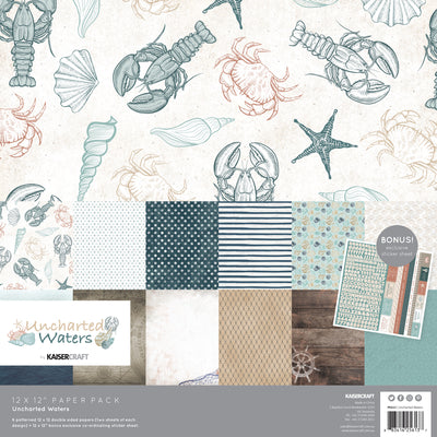 kaisercraft unchartered waters paper pack, 12 double sided papers in 6 designs plus sticker sheet