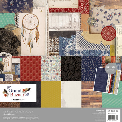 kaisercraft grand bazaar paper pack, 12 double sided papers in 6 designs plus sticker sheet