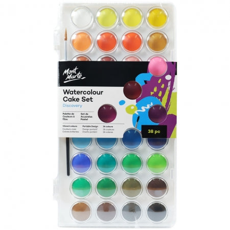 watercolour cake set, 38pc, individual ink well one for each colour great variety of colours, includes brush