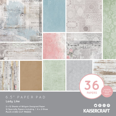 kaisercraft 6.5 paper pad with 2 x 12 designer papers, 12 specialty papers and 4 die cut papers inc 54 elements