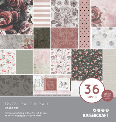 kaisercraft 12 x 12 paper pack, rosabella, 18 designs including 6 gloss varnish designs
