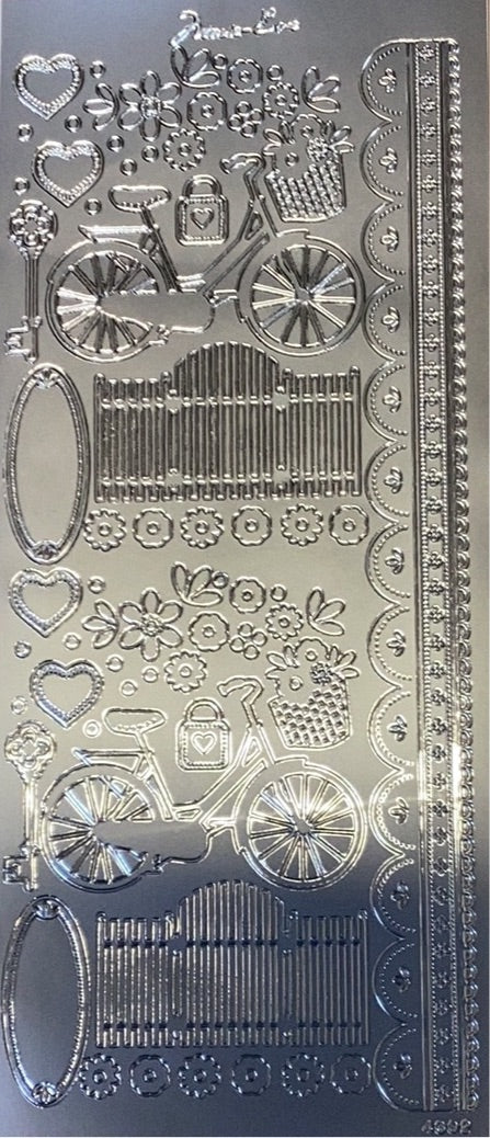 springtime sticker sheet, renoir sticker sheet, bicycles, garden fence, gate flowers, silver